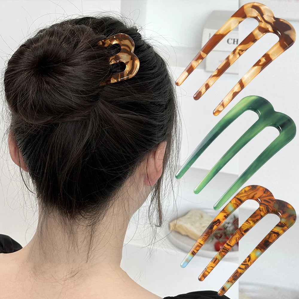 Acetic Acid Hair Forks Three Teeth Hair Sticks U-Shape Hair Comb Bun Hairpin Women Girls Hairstyle Hair Accessories Headband