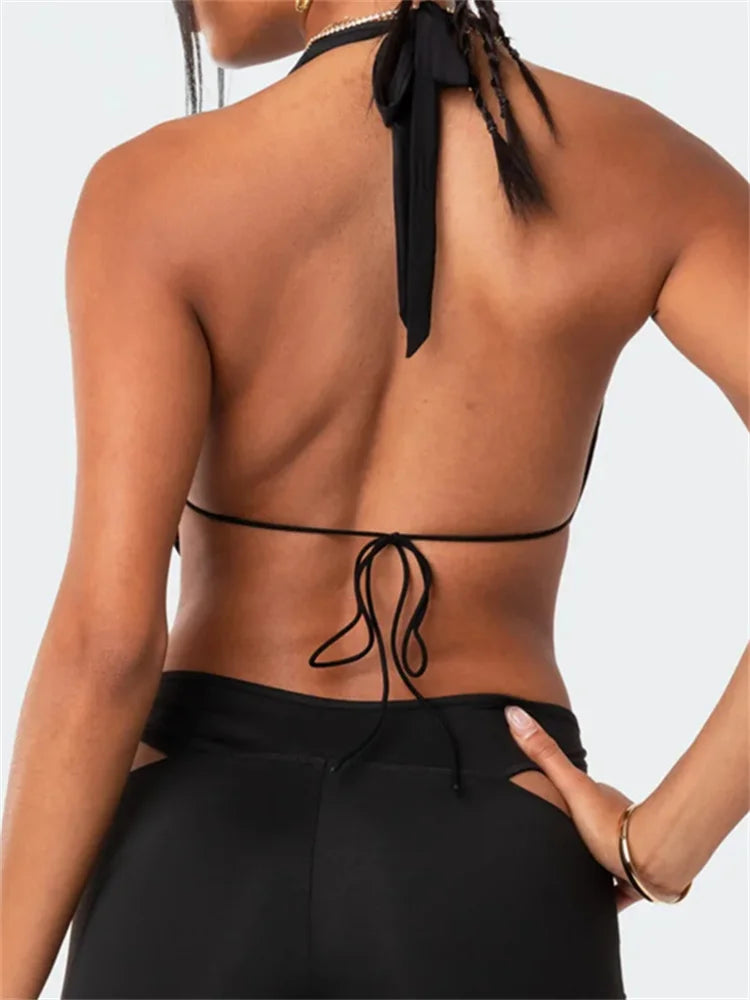 CHRONSTYLE Chic Backless Halter Lace-up Tank Crop Tops for Women Y2K V Neck Ruched Camis Fairy Grunge Vintage Mini Vest Clubwear