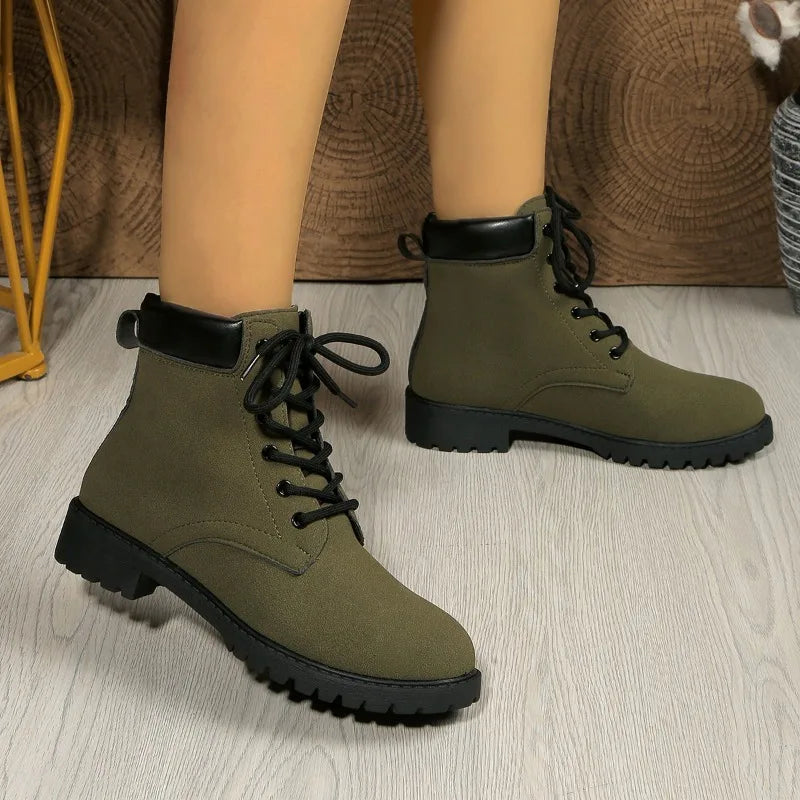 Lace-Up Front Block Heel Single Boots Women's Fashion Round Toe Suede Anti-Slip Wear-Resistant Booties