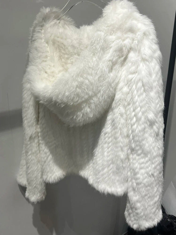 Real Fur Coat Women Korean Fashion Winter Natural Rabbit Hair Hand-Woven Hooded Jacket Female Lazy Loose Short White Ropa Mujer