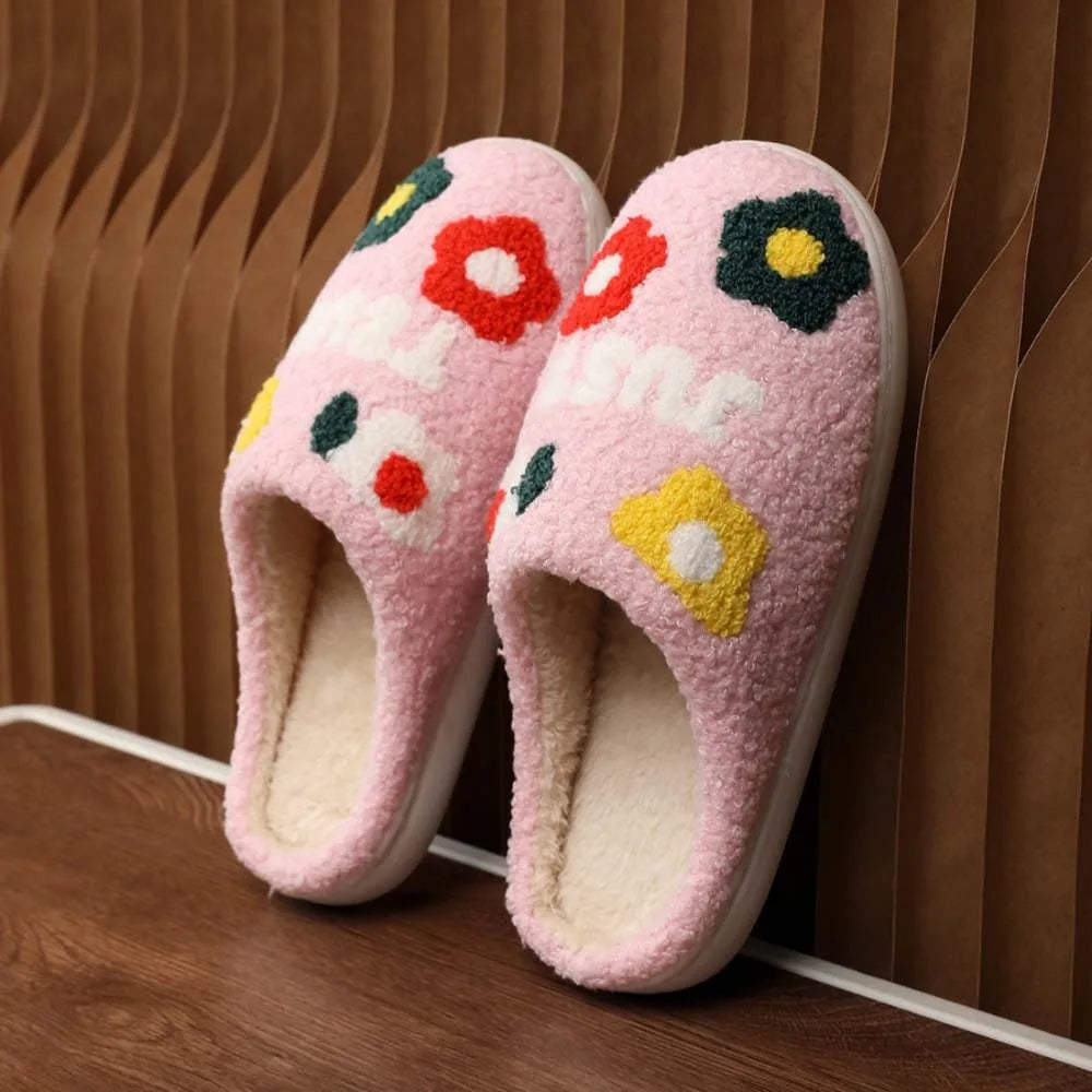 Soft Flowers Cotton Slippers Fluffy Slides Thickened Winter Warmer Slippers Cartoon Green Haired Warm Home Cotton Shoes Men
