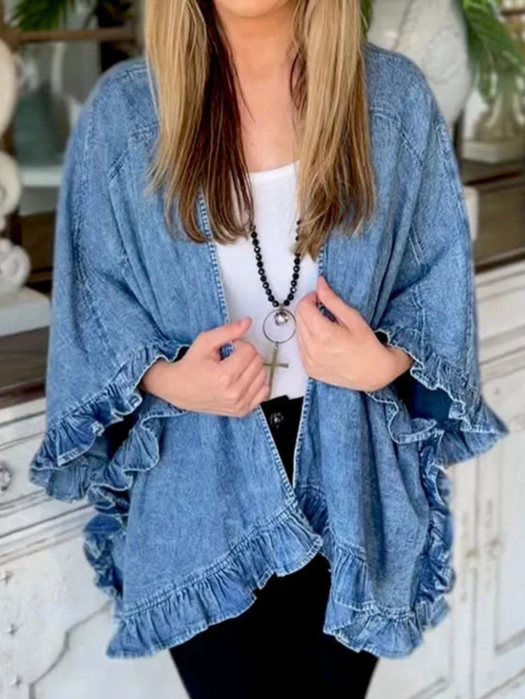 Vintage Blue Denim Jacket Female Fashion Streetwear Lapel 3/4 Sleeves Ruffle Cardigan Loose Women Coat