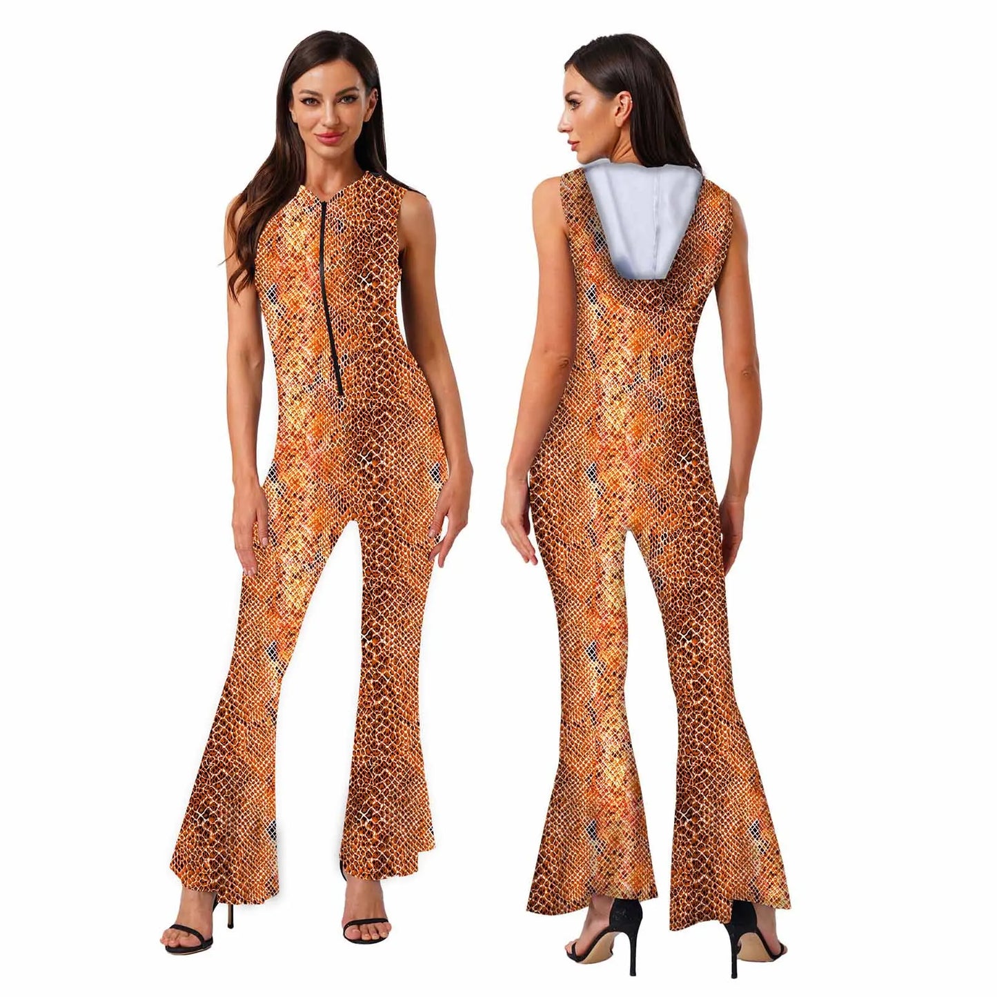 Women Halloween 90s Disco Hippie Cosplay Costume Sleeveless Zipper Printed Bell-Bottom Hooded Jumpsuit for Theme Party Carnival