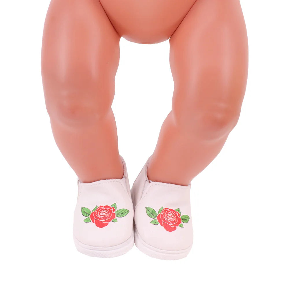 7Cm length Doll Shoes For 18 inch Girls American & 43Cm Baby New Born Doll Clothes Accessories Flowers/Bows Stamp Canvas Shoes