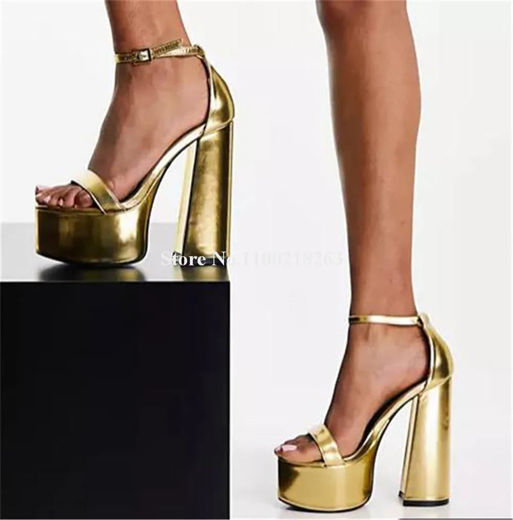 Ladies Sexy High Platform Block Heel Sandals Open Toe Gold Black Brown Patent Leather Chunky Heel Dress Shoes Party Pumps