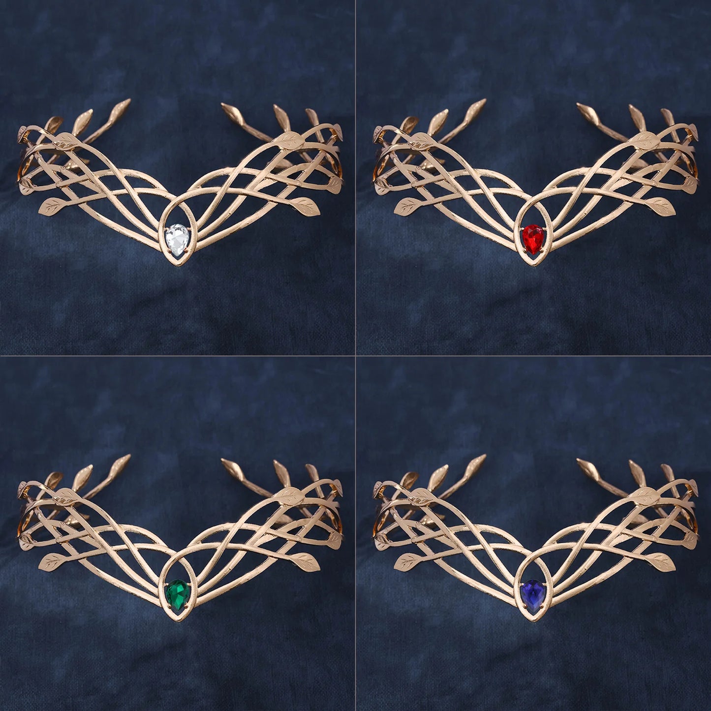 Luxury Tiaras Headbands for Women Leaf Crystal Crown Goddess Cosplay Forehead Round Elves Crowns Bridal Hair Accessories