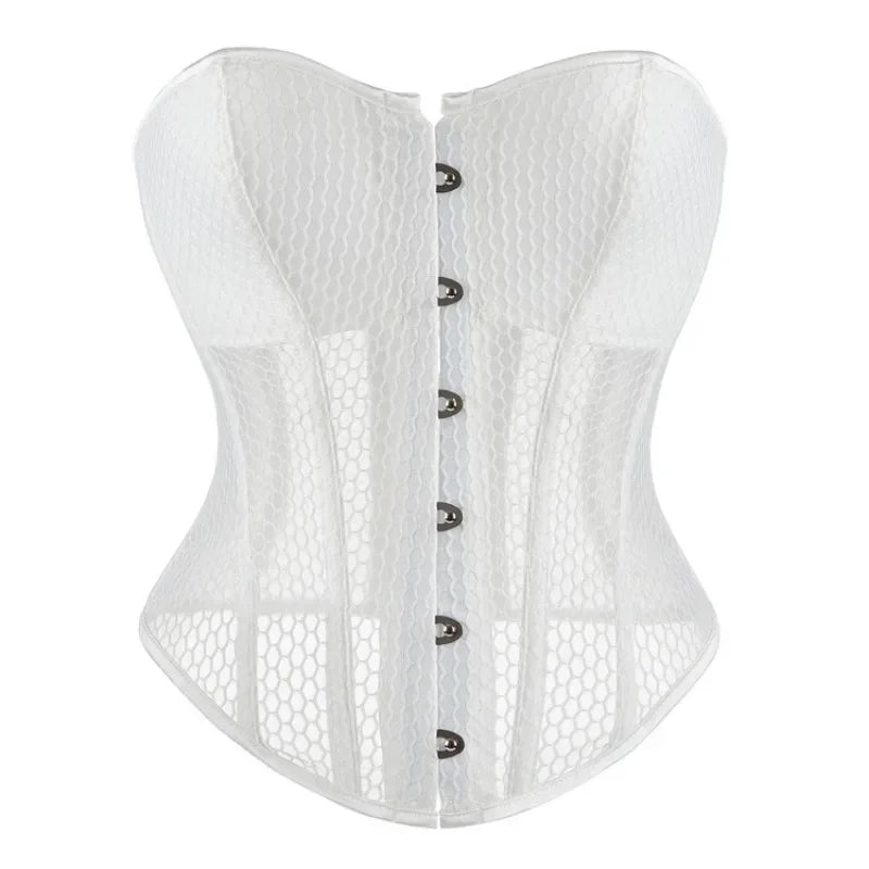 Women Lace Up Sexy Transparent Mesh Boned Corset Overbust Bustier Lingerie Bodyshaper Top Corsets Top