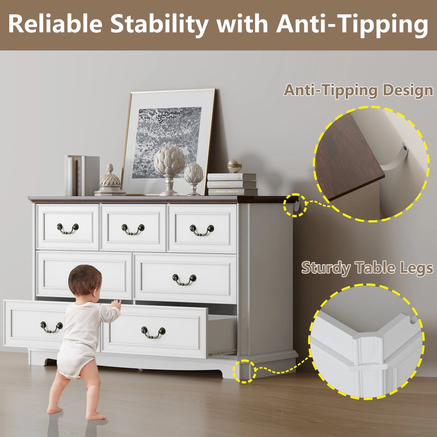 Farmhouse Dresser for Bedroom with 7 Drawer, Wood Vintage Dresser TV Stand for Living Room, Hallway