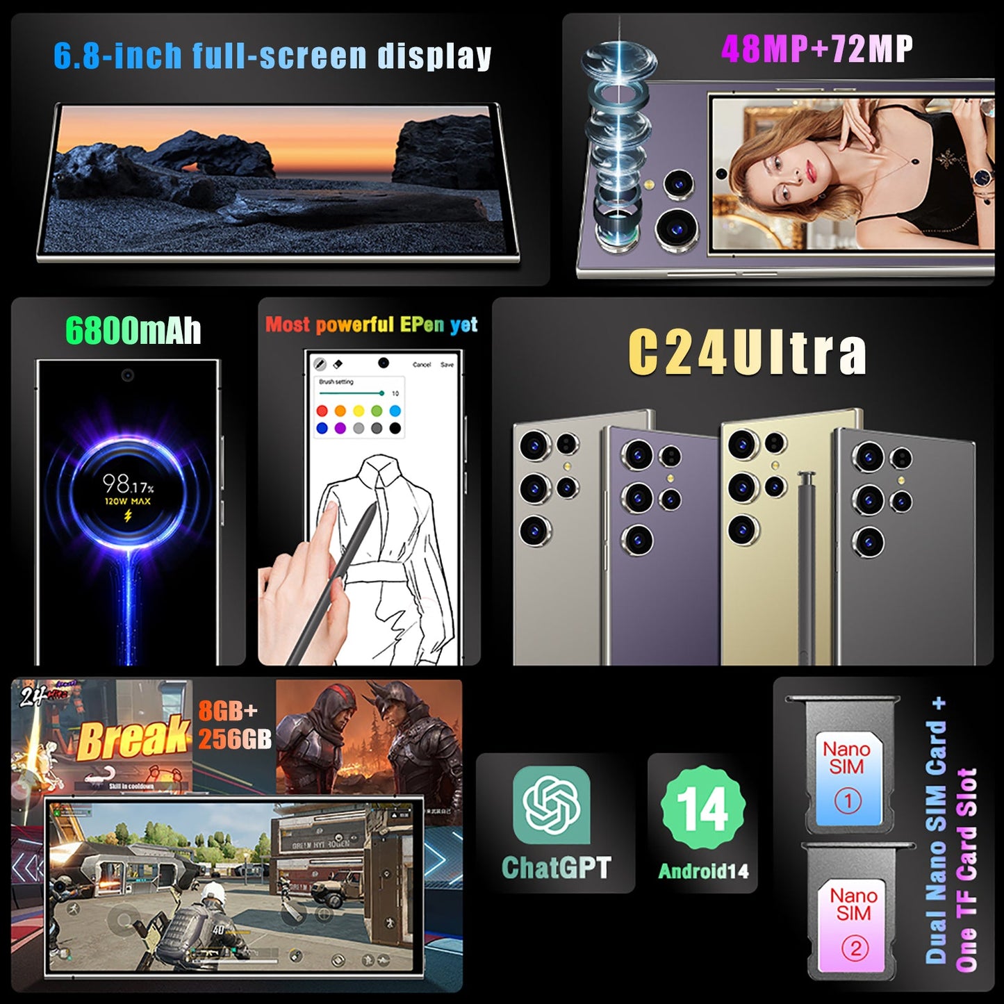 S24 Ultra Cell Phones 5G Unlocked Phonessmartphonewith Tool Pen