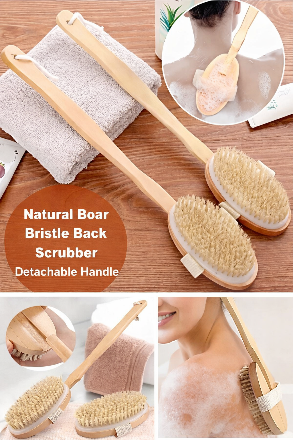 Natural Horsehair Bath Back Scrubber Detachable Long Handle Soft Brist