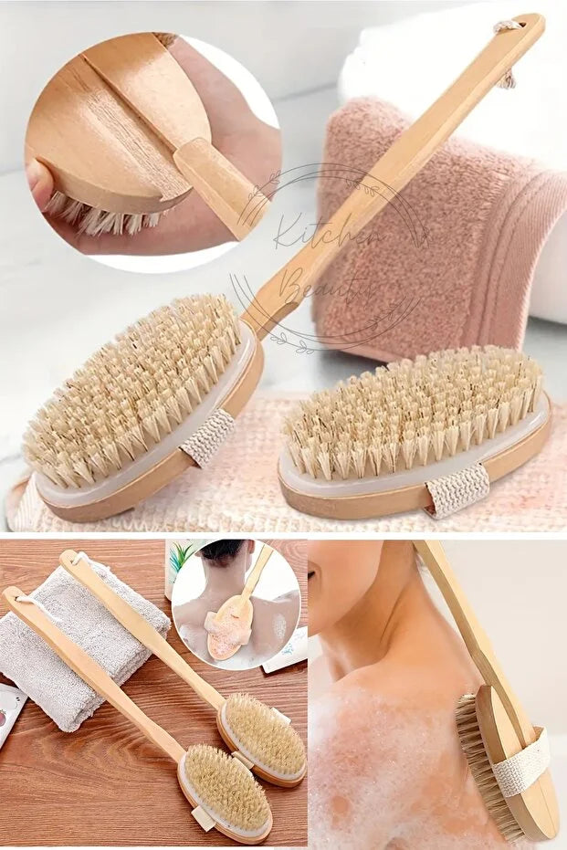 Natural Horsehair Bath Back Scrubber Detachable Long Handle Soft Brist