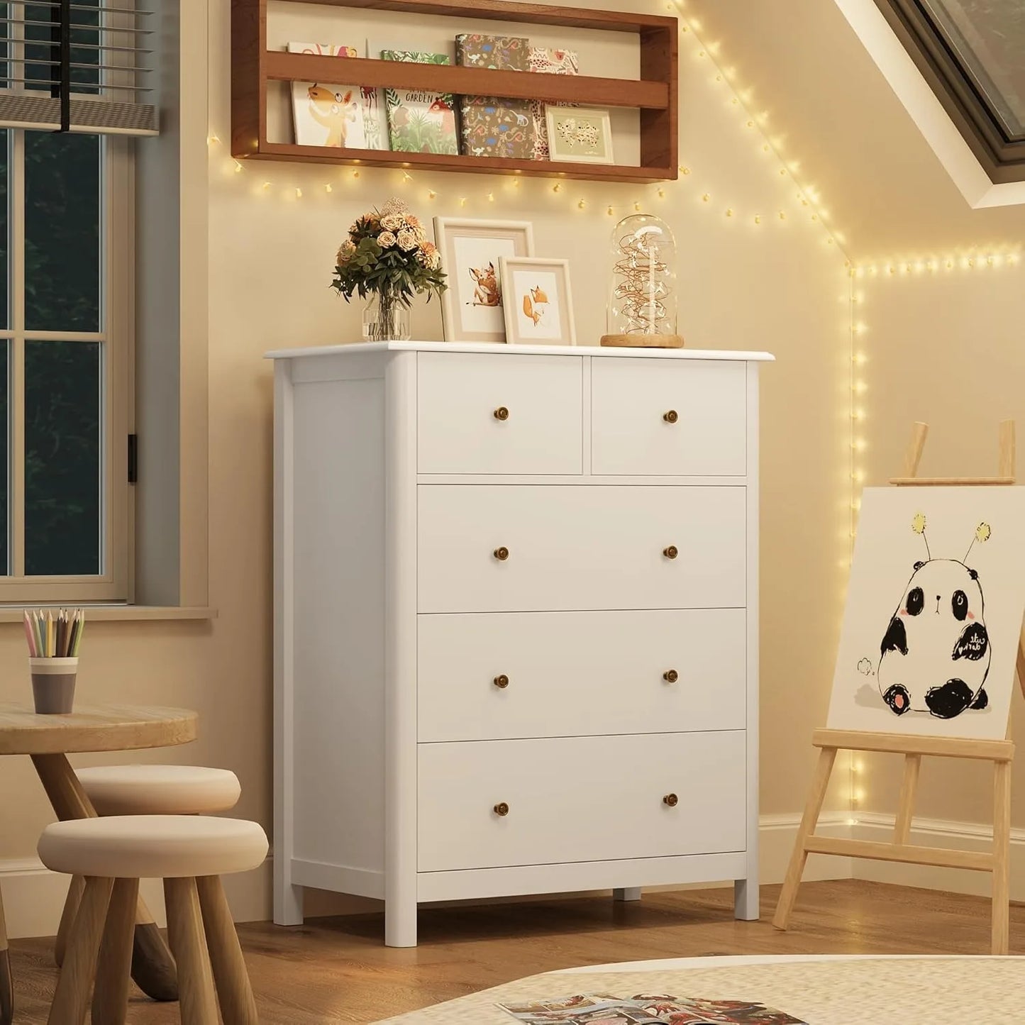 White Dresser with 5 Drawers, Tall Chest of Drawers, 5 Drawer Dresser with Deep Space, Wood Storage Cabinet for Living Room