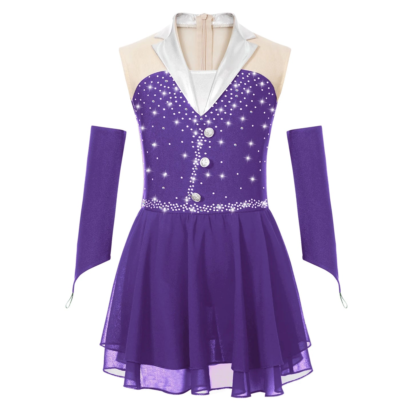 Kids Girls Shiny Ballet Skating Tuxedos Leotard Dress with Gloves Children Lyrical Dance Costumes Latin Cha-cha Stage Dancewear