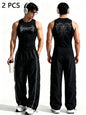 Men Gothic Style 2Pcs Outfit Graphic Sleeveless Tank Top Side Striped Loose Trousers Gym Street Casual Tracksuit