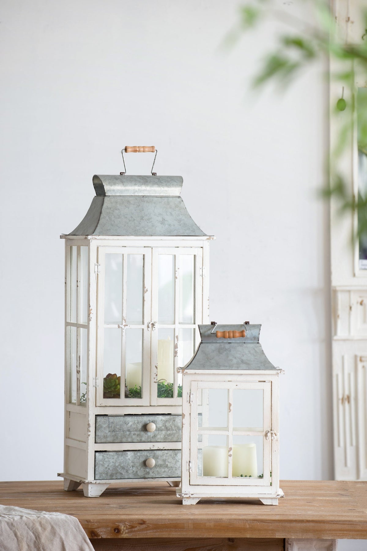 Set of 2 Ivory Wood & Metal Hurricane Candle Lanterns