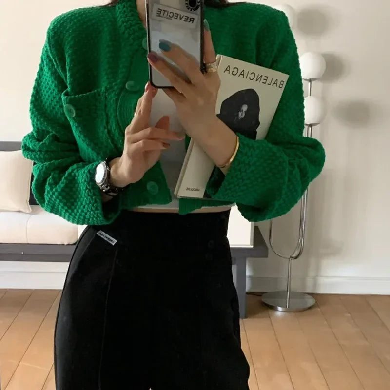 Elegant O Neck Cardigan Knitted Women Short Sweater Coat Pockets Autumn Long Sleeve Loose Spring Korean Versatile Crop Jacket