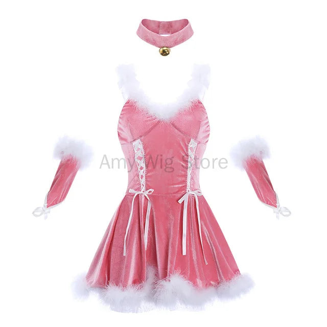 Christmas Dresses for Women Pink Halter Dress Suit with Cloak Sexy Bunny Girl Lingerie Set