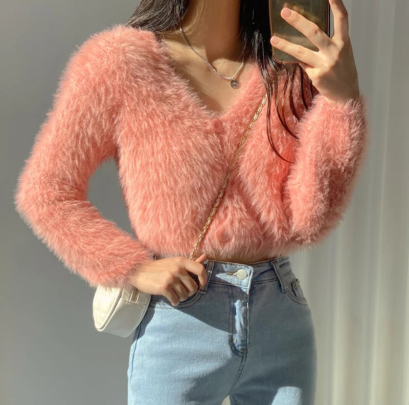 Autumn Winter New Sweet Chic Short Cardigan V-neck Soft Fluffy Sweater Coat Woman  Cropped Cardigan Long Sleeve Top  Y2k Clothes