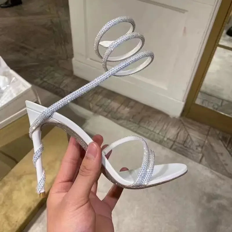 2025 New Luxury Women's Sandals Sexy Gold Rhinestone Snake Surrounding Crystal Contrast High Heels Banquet Wedding Shoes