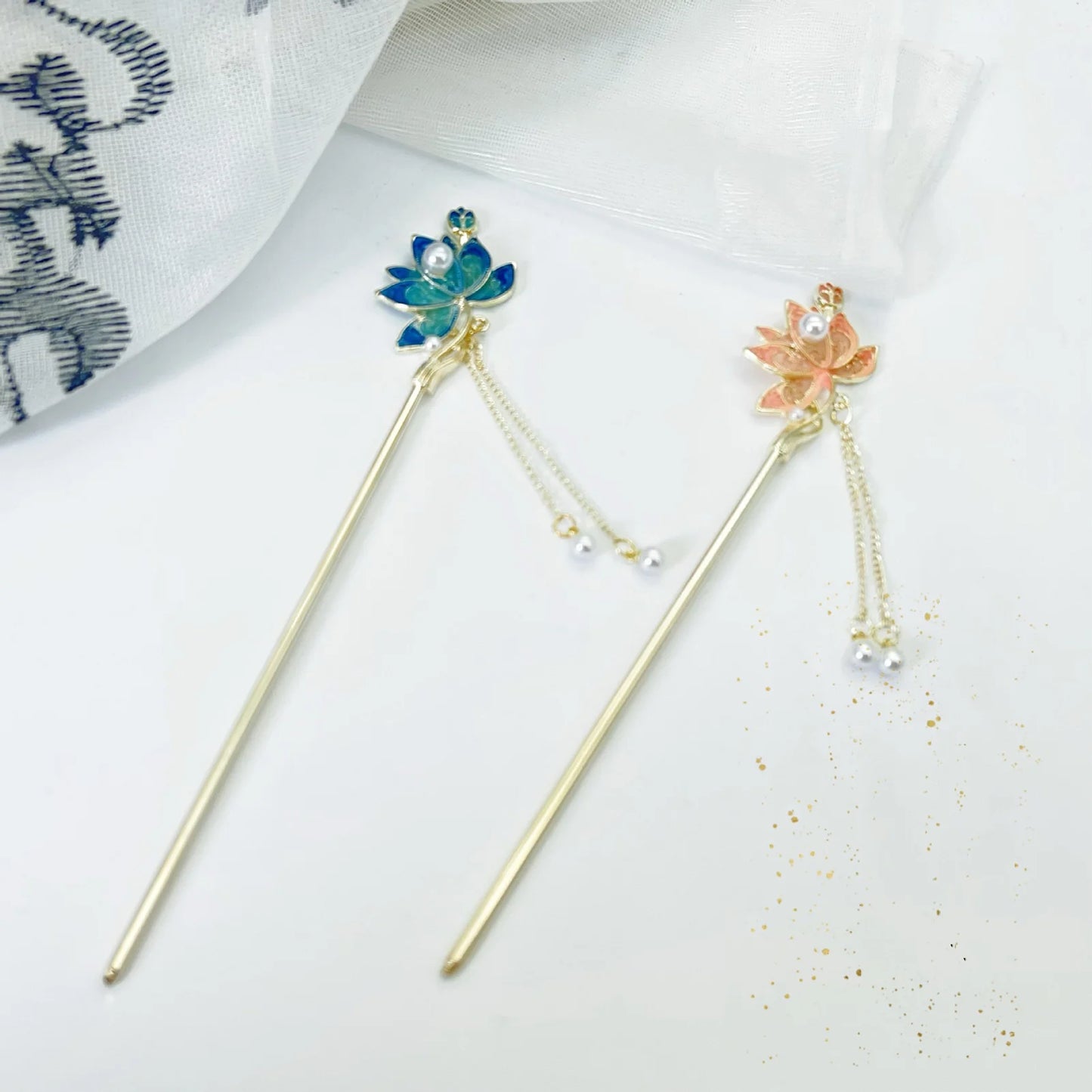 New Chinese Style Alloy Hair Sticks Forks Lotus Flower Decor Pearls Chain Pendant Hairpins Women Girls Hair Bun Maker Jewelry