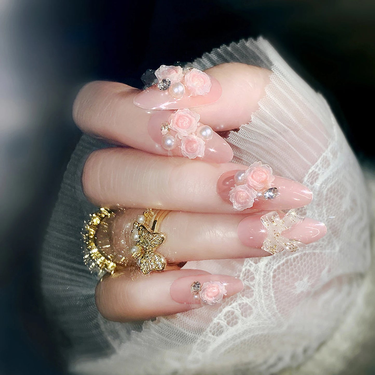 Light Blue Fake Nails Long Ballerina Press on Nails Blue Flower Butterfly Designs Korean Fashion Bride Wedding Charms Nails Art