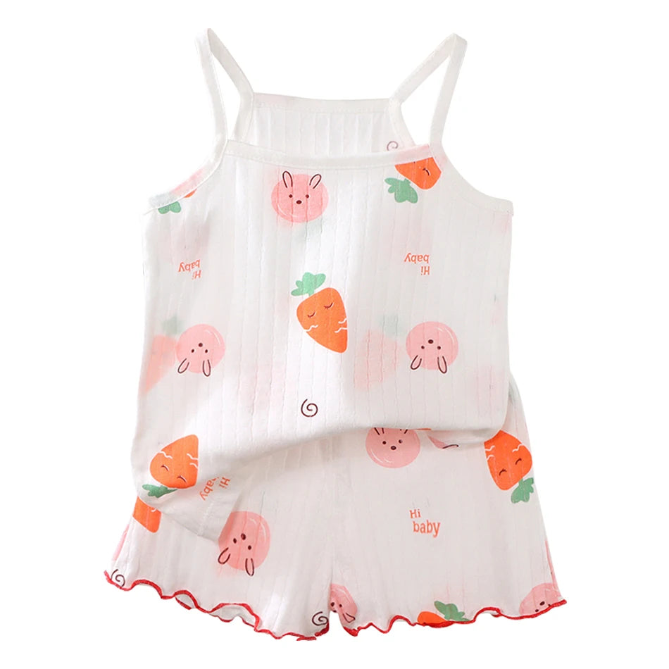 Summer Girls Sleeveless Children's Pajamas Sets Strap Sleepwear Pants Skirt Thin Kids Baby Loungewear Set Children's Top Clothes