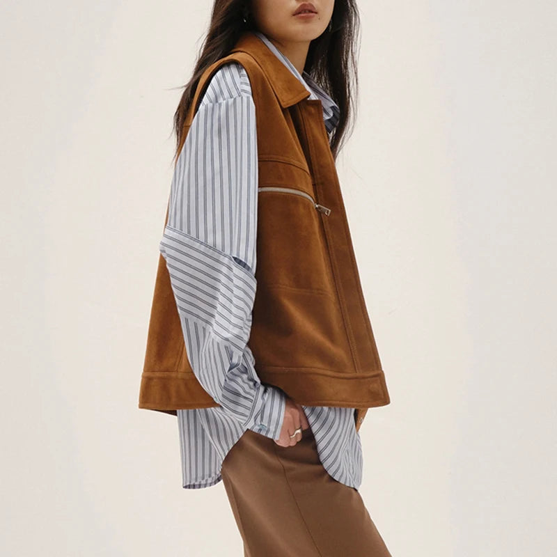 Sheepskin Suede Vest Women Spring Unisex Vintage Style Lapel Single-Breasted Yellowish Brown Genuine Leather Sleeveless Jackets