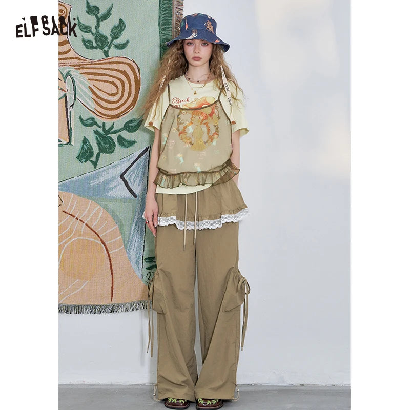 ELFSACK 2025 Summer New Arrival Casual Cute design niche top Mesh halter print short sleeve two-piece t-shirt