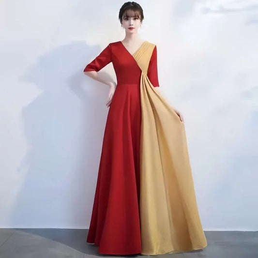 Cantata Evening Dress V-neck Folded A-line Half Sleeve Zipper Rear Bottom Long Women's Formal Party Dress