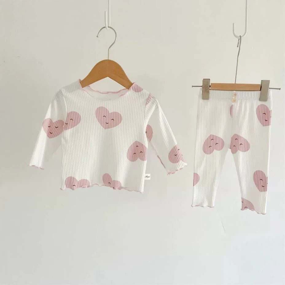 Autumn new ice silk children's home dress Pink Love suit Girls Pajamas Sets Children's Pijamas Breathable Baby Clothes