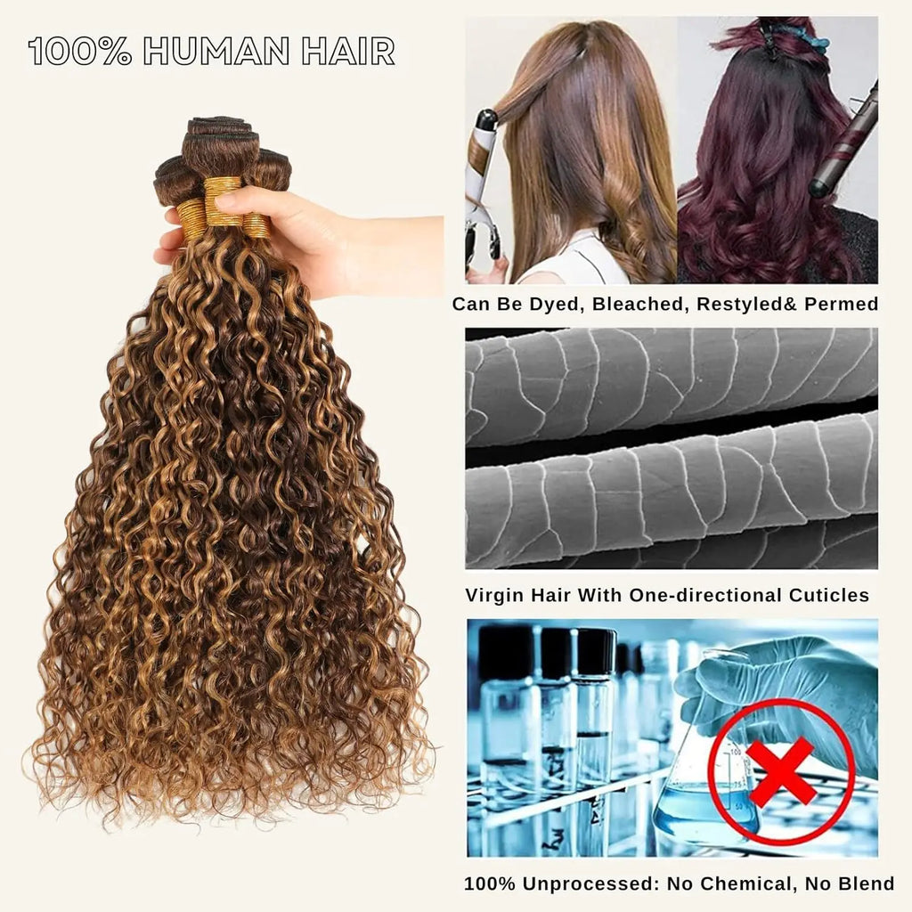 Piano Color P4/27 Highlight Curly Wave Bundles Chocolate Brown and Honey Blonde Track Mix Deep Weave Brazilian Human Hair Bundle