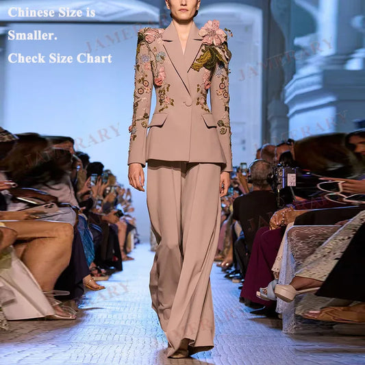 Autumn Luxury Two Piece Set Women Blazers Suit Coats Beaded 3D Flower Jacket Long Wide-Leg Pants Suits Crystal Formal Outfits