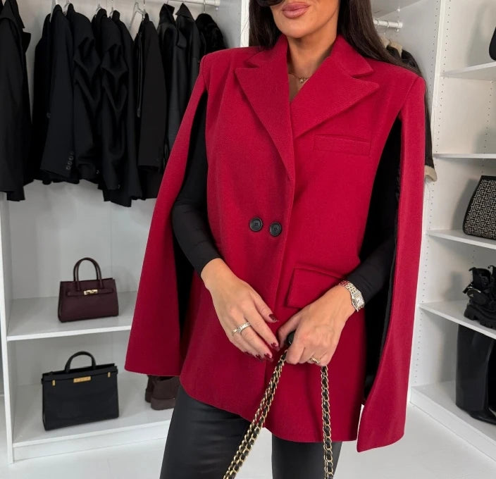 Formal Red Cape Blazer Coat for Women One Piece Female Spring Cotton Work Wear Shawl Jacket for Women Long Sleeves Outfit