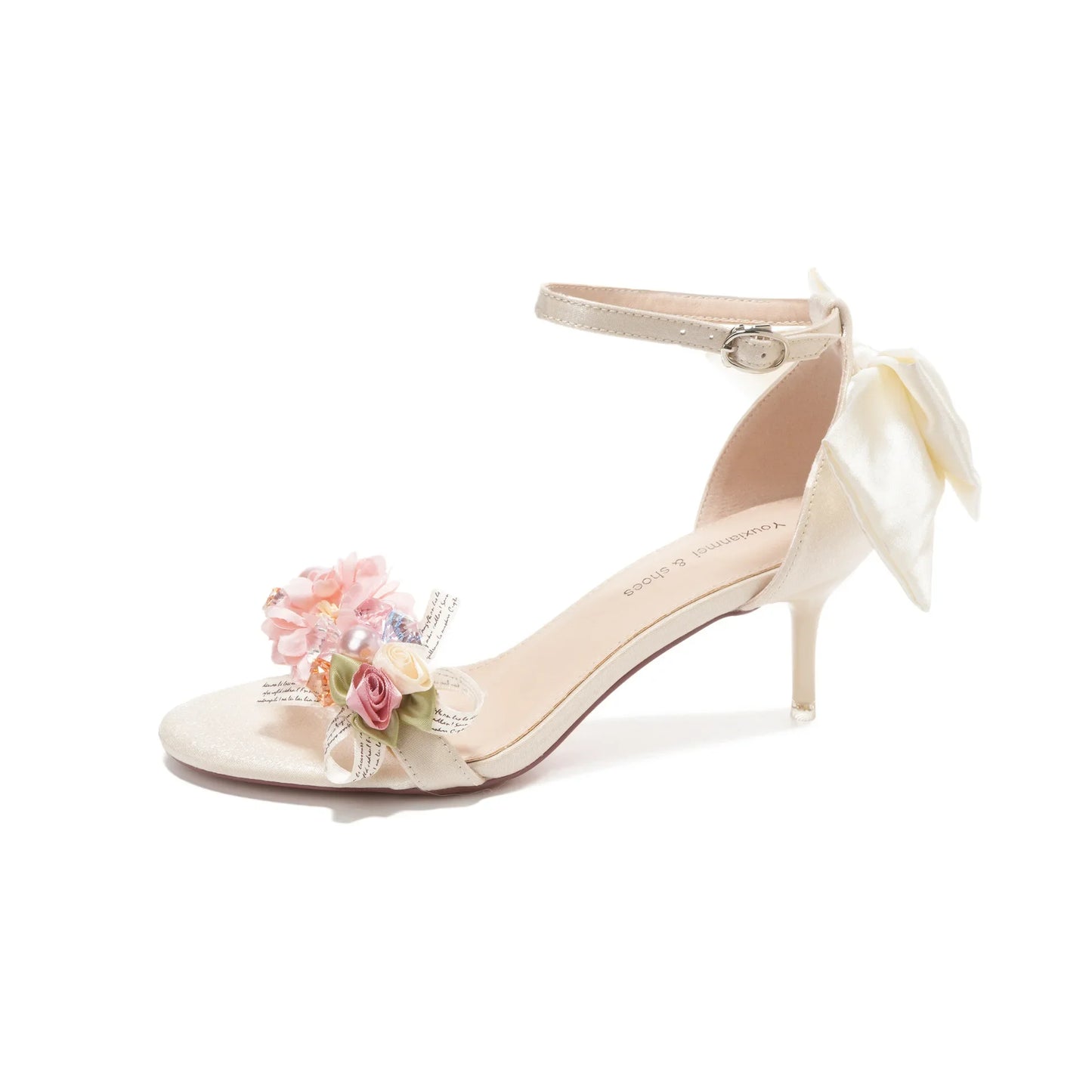 2025 Summer Fashion Women Pumps Open Toe Satin Flower Bow Buckle High Heel Sandals Dress Wedding Shoes