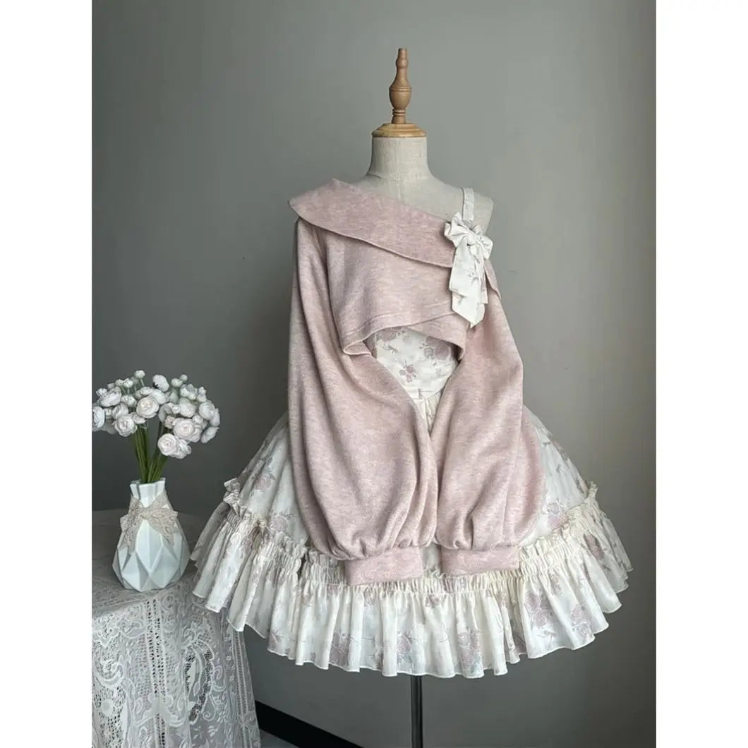 Sweet Lolita Style 2 Piece Dress Set Women Bow Short Coat Kawaii Floral Mini Dress Female Korean Fashion Beach Party Suit