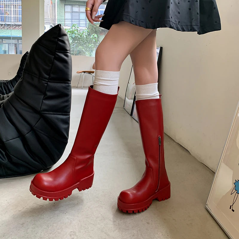 2025 New Platform Women Riding Boots Genuine Leather Knee-high Modern Rain Boots Outdoor Party Shoes