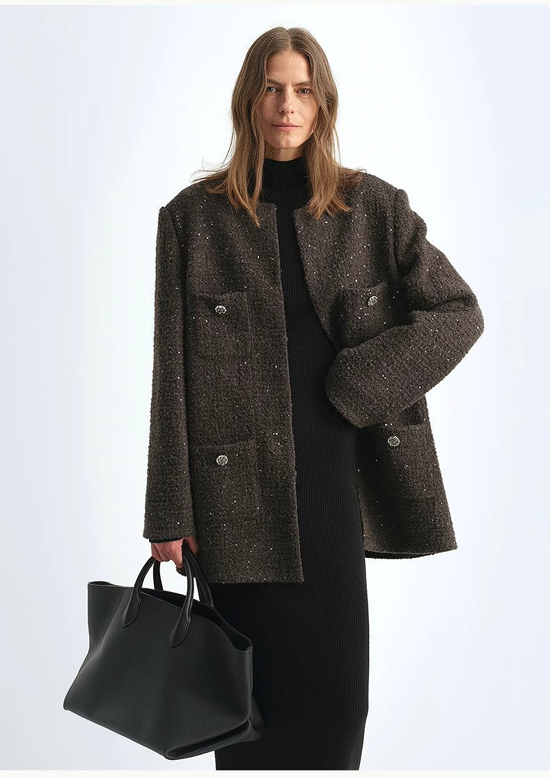 Circle Texture Sequined Wool Tweed Round Neck Long Chanel Style Coat