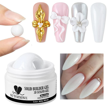 15ml Clear/White Solid Nail Extension Gel Quick Building UV Gel Builder Molding Nail Gel Polish 3D Sculpting Brush Manicure Kit