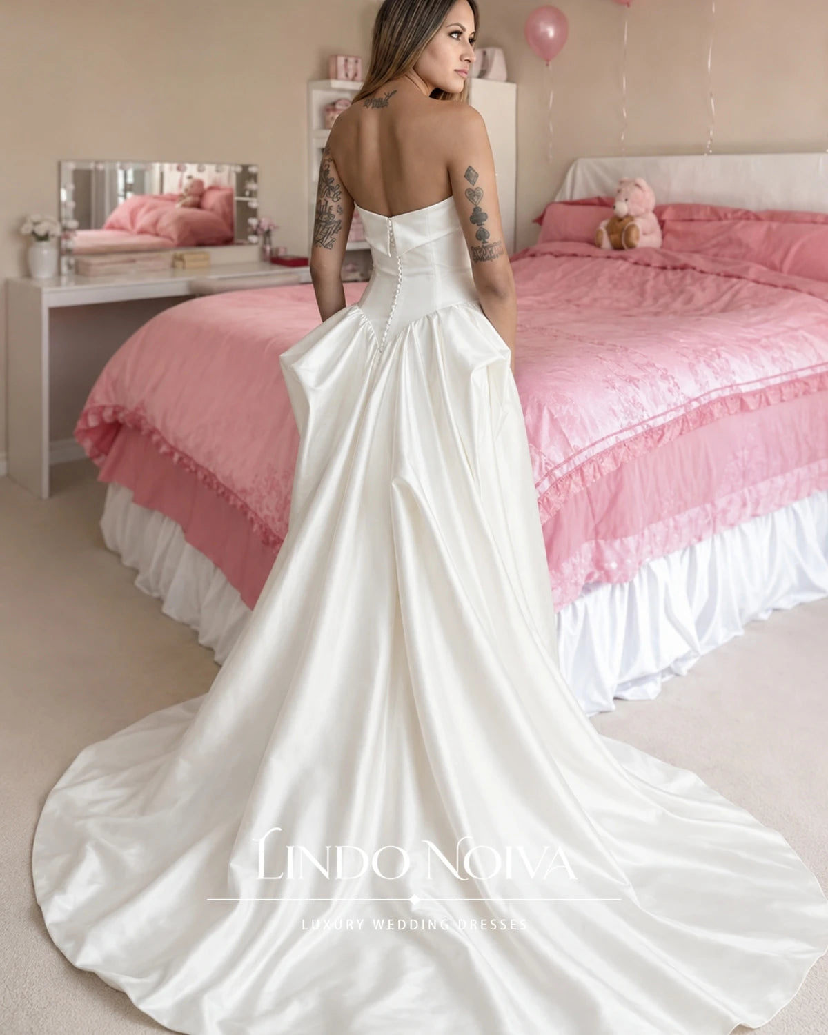 LINDO NOIVA Strapless Satin Wedding Dress 3D Origami Big Bow A‑Line Bridal Gowns Minimalist Luxury Vestidos De Novia Customized
