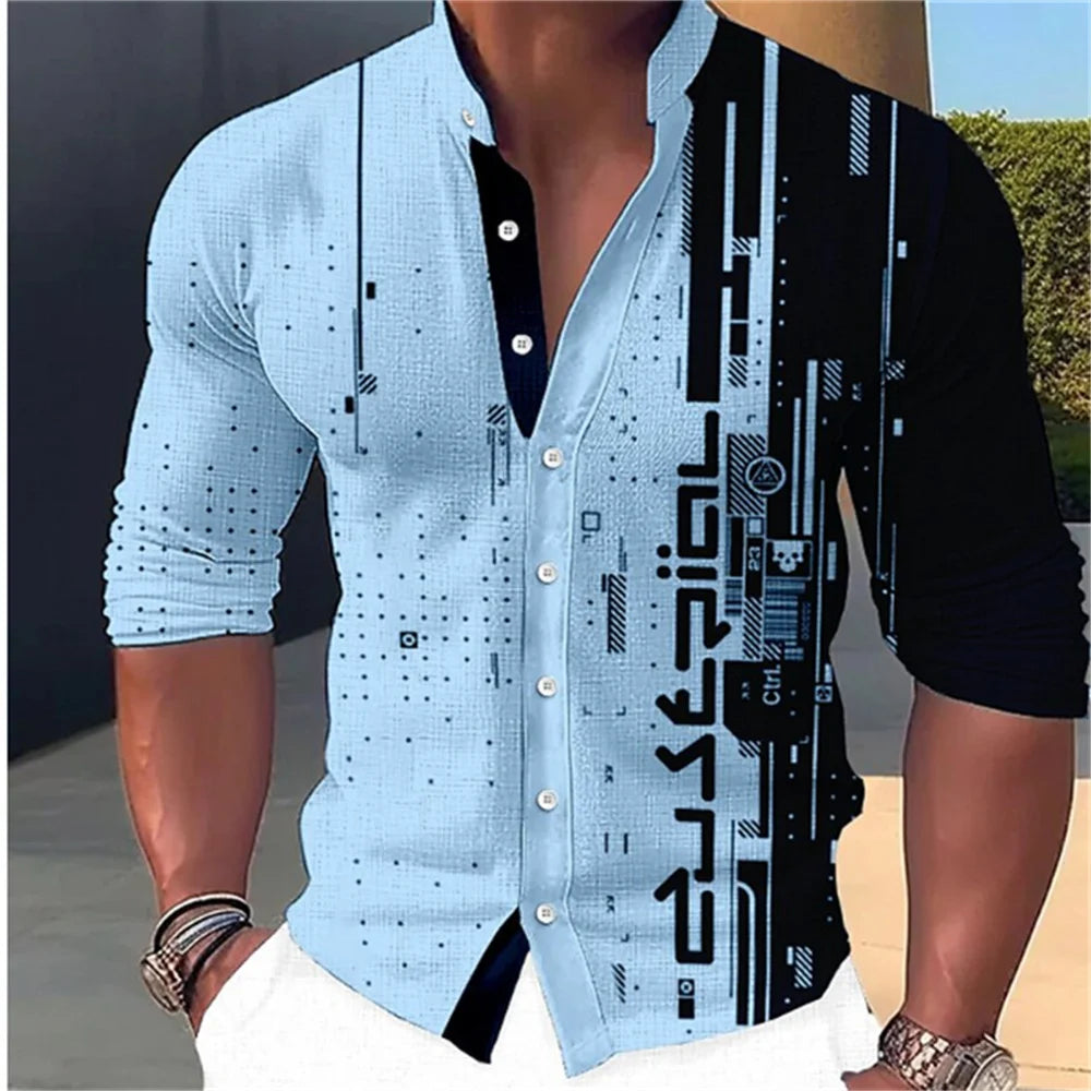 New Fashion Standing Collar Men's Creative Print Long Sleeve Shirt Outdoor Party High Quality Soft and Comfortable Fabric S-6XL