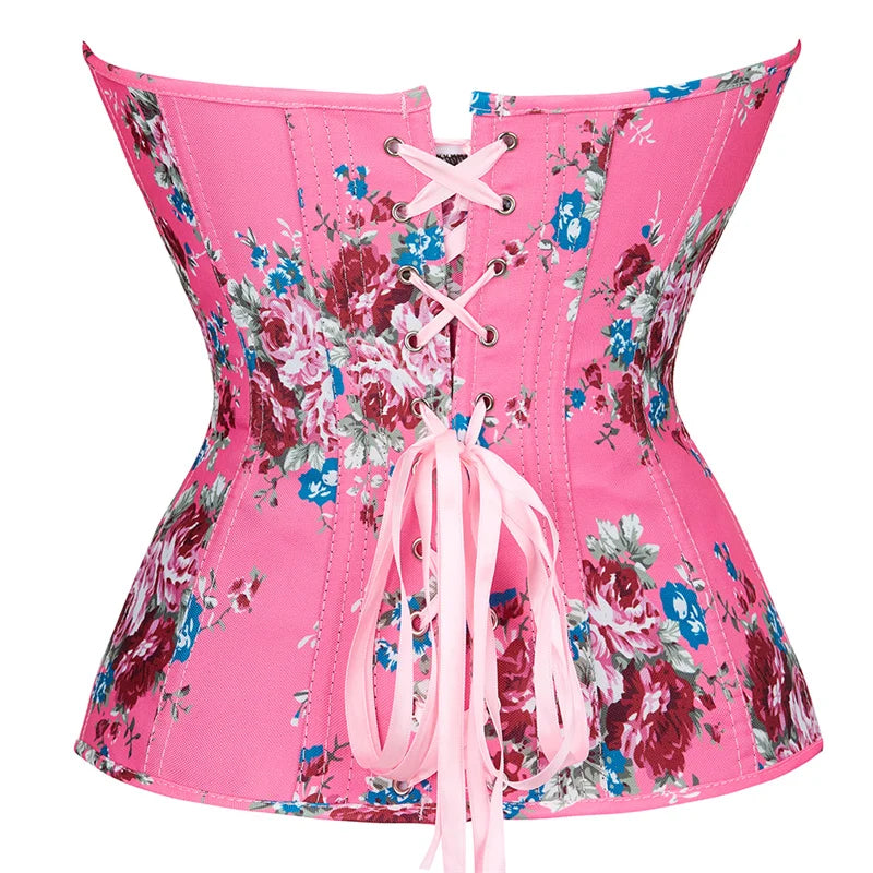 Corset Top Bustier Plus Size Overbust Corselet Burlesque Flower Lace UP Sexy Lingerie Costume Renissance Women Clothies Pink