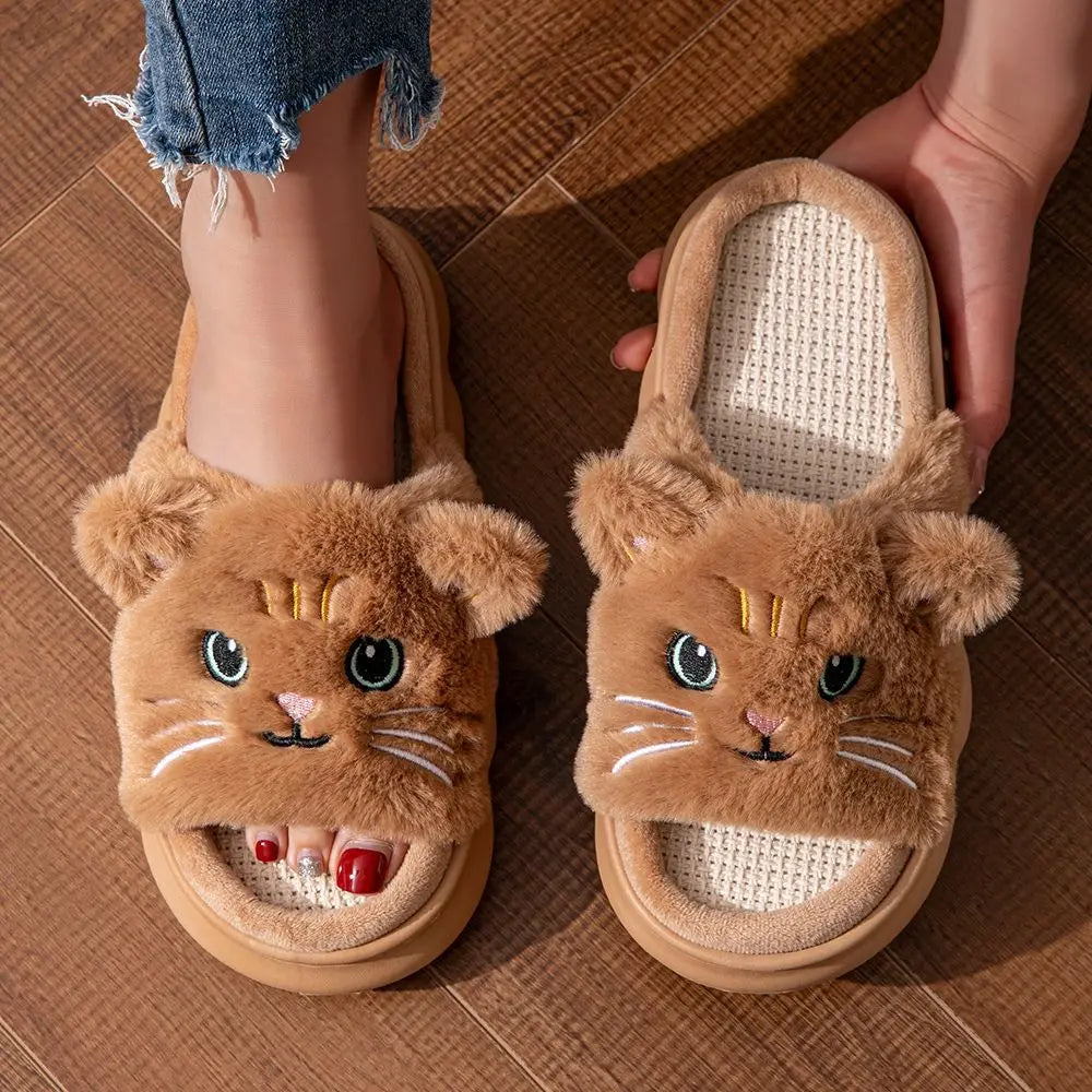 Open Toe Plush Shoes for Women Men Couples Cat Slippers Cute Stereoscopic Kitten Shoes Breathable Linen Slipper