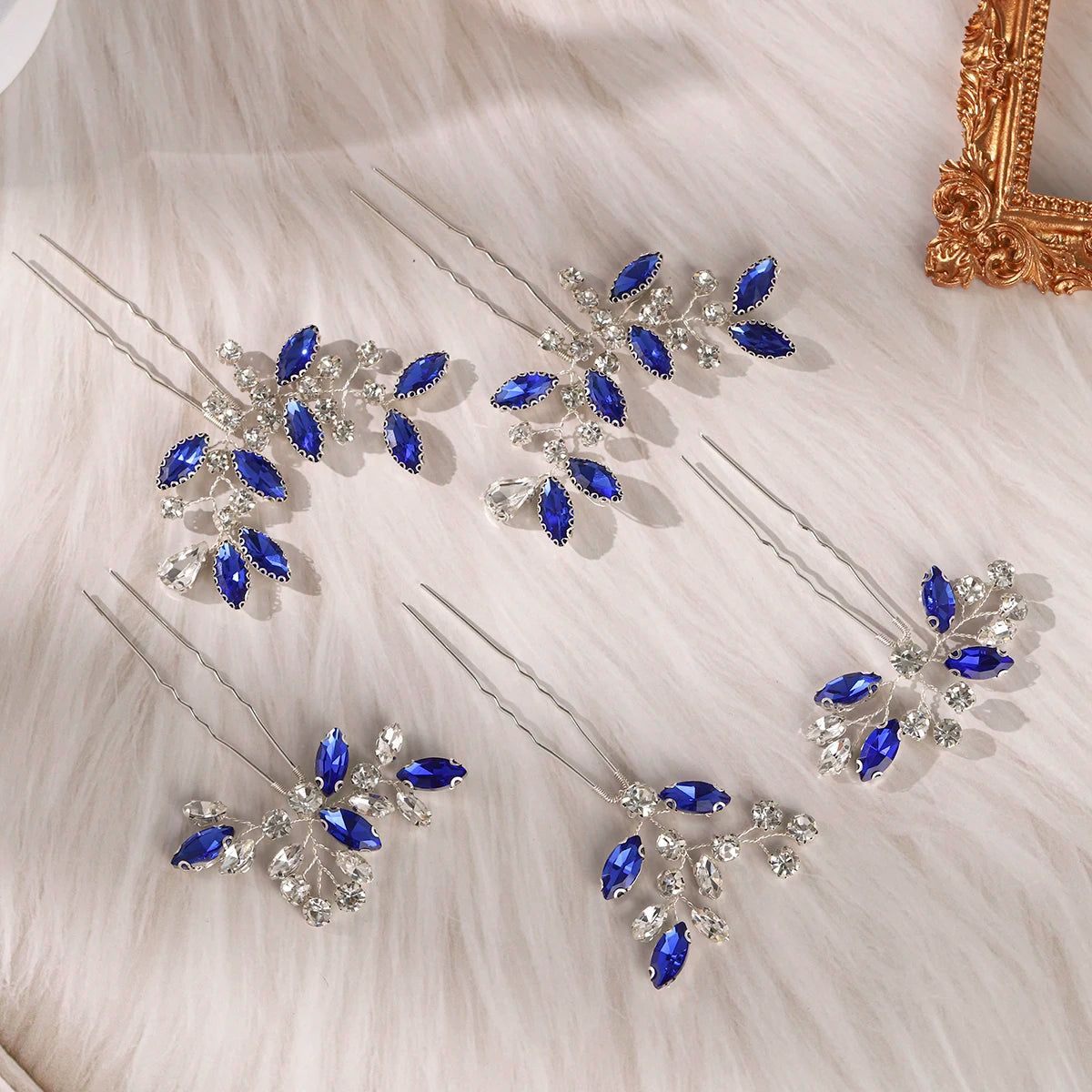 Blue Crystal Bride Elegant Hair Pins Fashion Leaves Rhinestones Hair Clips Headwear For Women Party Jewelry Hair Accessories