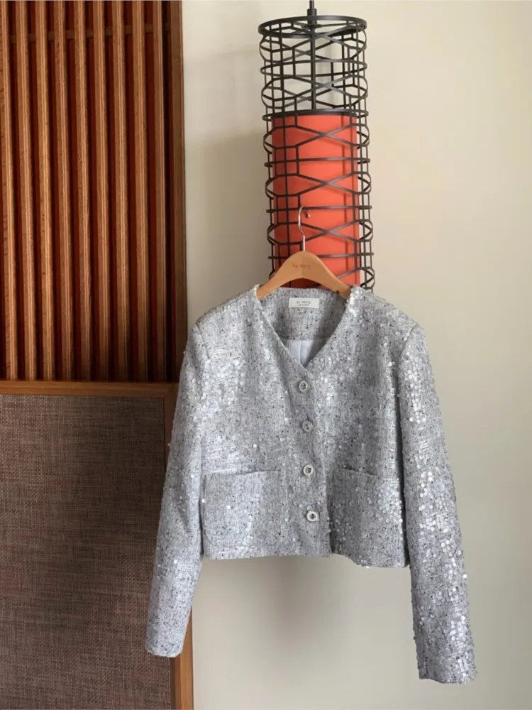 Autumn Sequin Jacket Coat Women Fashion Long Sleeve Ladies Jackets Coats Casual Cropped Jacket Woman Coat 2025