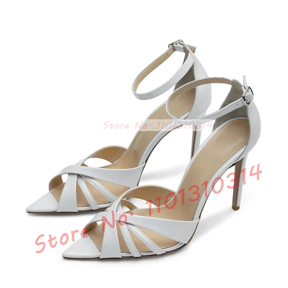 Nude Cross Strap High Heels Sandals Ladies Trendy Open Pointy Toe Classy White Satin Sandal Women Dress Ankle Strap Casual Shoes