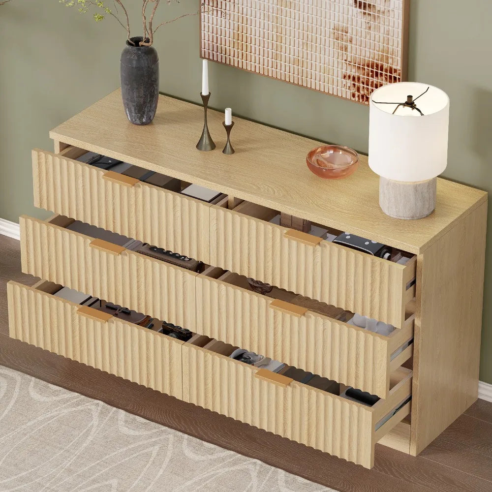 Oak 6 Drawer Dressers with Fluted Pane TV Stand Drawer Cabinet for Living Room