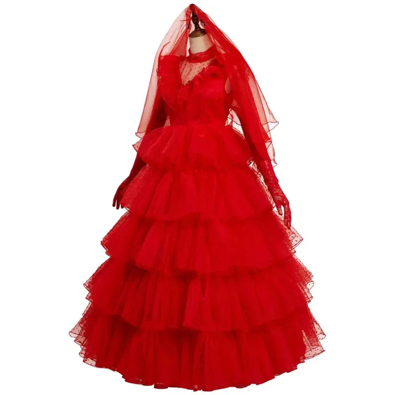 New 2025 Beetle Cosplay Juice Costume Lydia Red Wedding Dress Outfits Women Retro Long Sleeve Lace Tulle Bride Gown Hallo eqs9X
