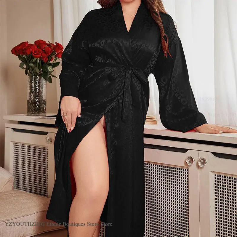 PLUS SIZE 5XL Female Long Robe Lingerie SEXY Leopard Kimono Bathrobe Gown Loose Casual Loungewear Home Dress Women's Sleepwear
