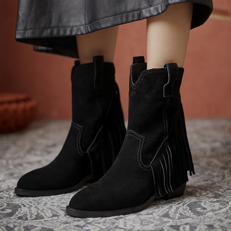 Pointed Tassel Vintage Boots with Thick Heel – "Tassel Edge" Edition