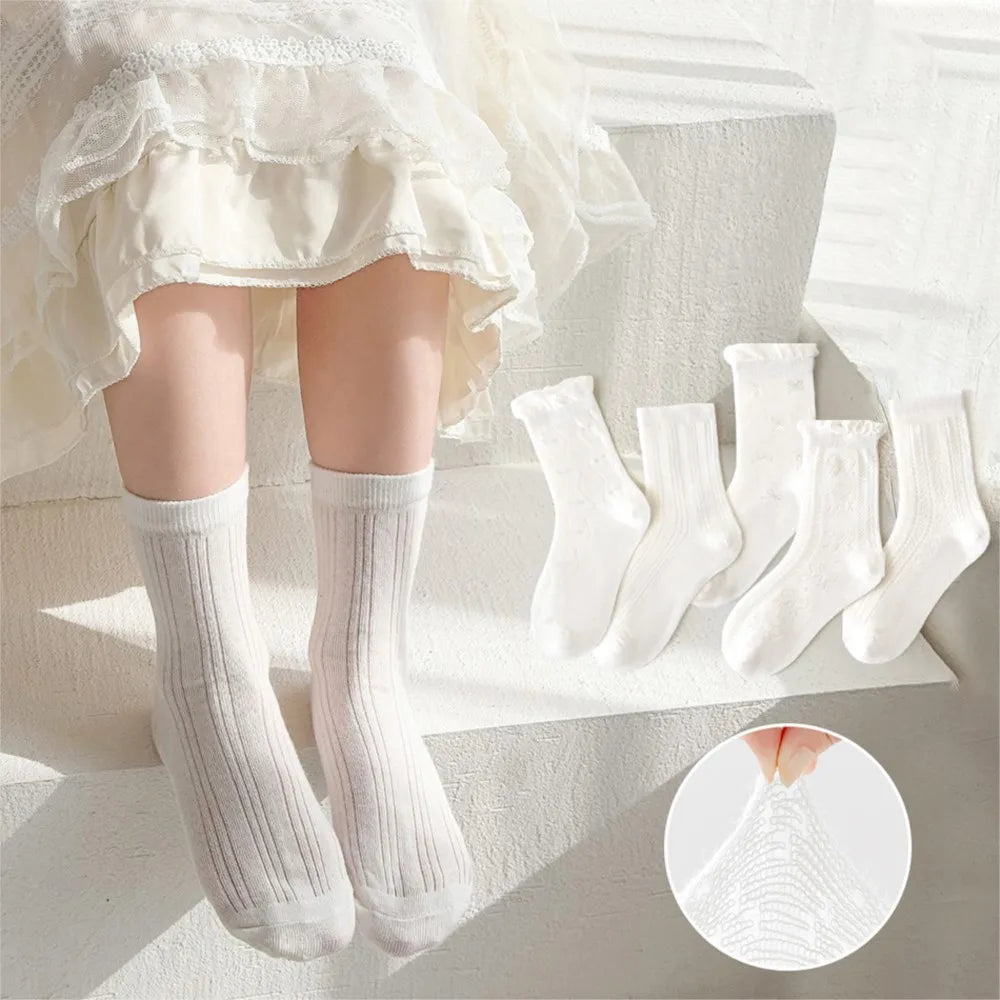 5 Pairs/Pack Girls Lolita Socks Summer Thin Breathable White Princess Lace Trimmed Ankle Socks for Baby Children Clothes